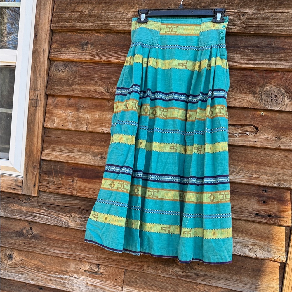 ANGELIQUE vintage Striped Teal and Yellow Maxi Skirt with pockets and side zip